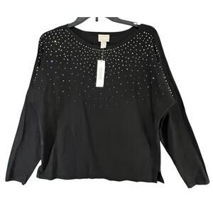 Chicos Sweater Womens M Black Sparkle Embellished Diamonti Boat Neck Lightweight